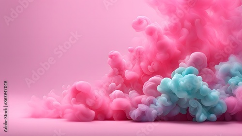 Soft pink and light blue smoke swirls blend together on a pink background, creating a dreamy, ethereal scene.