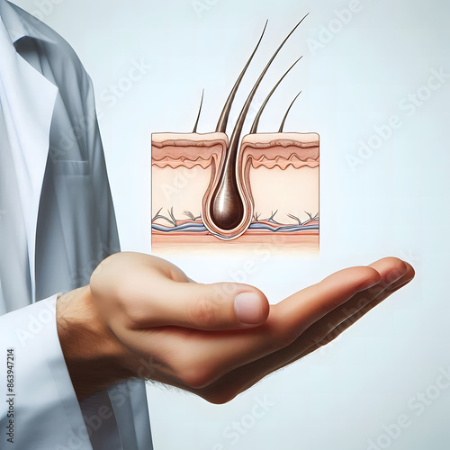 Dermatologist holding hair follicle model, skin and hair health, medical illustration of scalp anatomy, hair growth treatment, professional healthcare, detailed dermatology concept

 photo