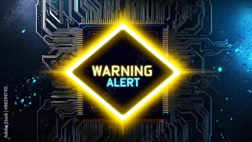 This is a computer-generated video of a circuit board with a yellow warning alert in the center. photo