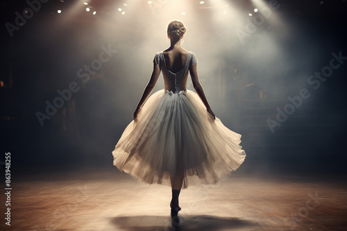 Generated with AI picture of female ballerina dancer wearing a delicate ballet dress while performing dance