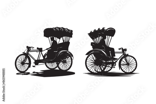 Set of rickshaw silhouette vector illustration.