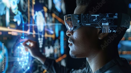 AR glasses on a man display various virtual interfaces, showcasing the advanced capabilities of augmented reality tech.
 photo