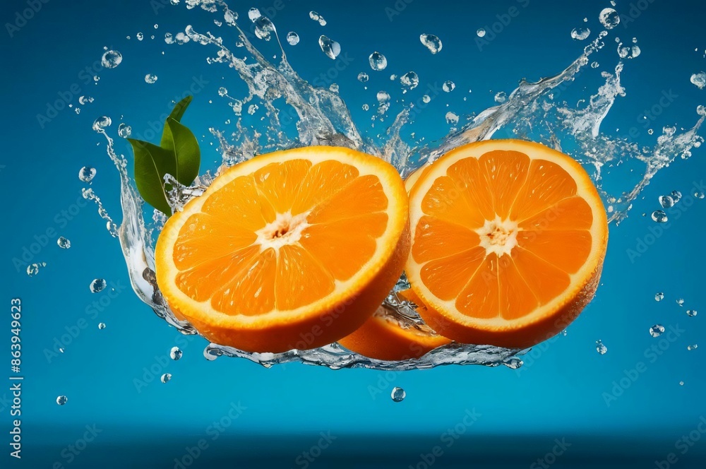 Fresh oranges splashing in water against dark background. Refreshing blend of orange slices soaring through the air against a backdrop of splashing water on a vibrant blue background Fresh oranges splashing in water against dark background. Refreshing blend of orange slices soaring through the air against a backdrop of splashing water on a vibrant blue background