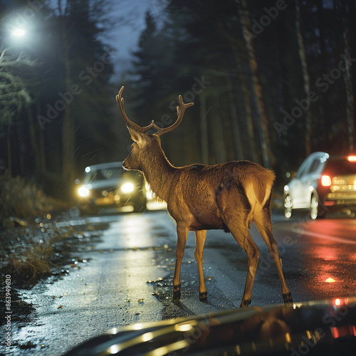  Deer ran into the road at night in front of a moving car. Road hazards, wildlife and transport