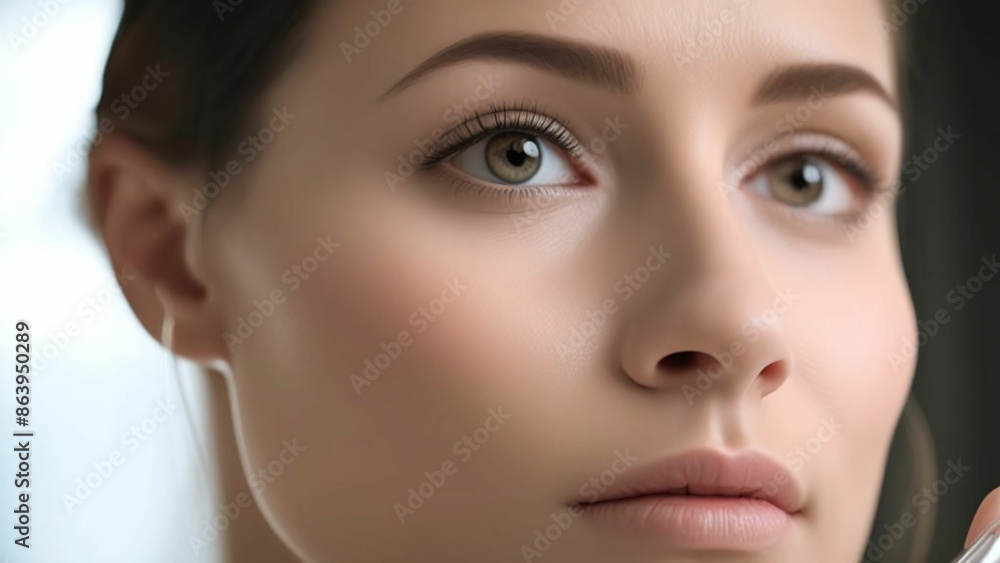 Portrait of a woman with a make up. Facial therapy. Balm spread. Stunning close-up of youthful lady with radiant complexion using skincare item Portrait of a woman with a make up. Facial therapy. Balm spread. Stunning close-up of youthful lady with radiant complexion using skincare item