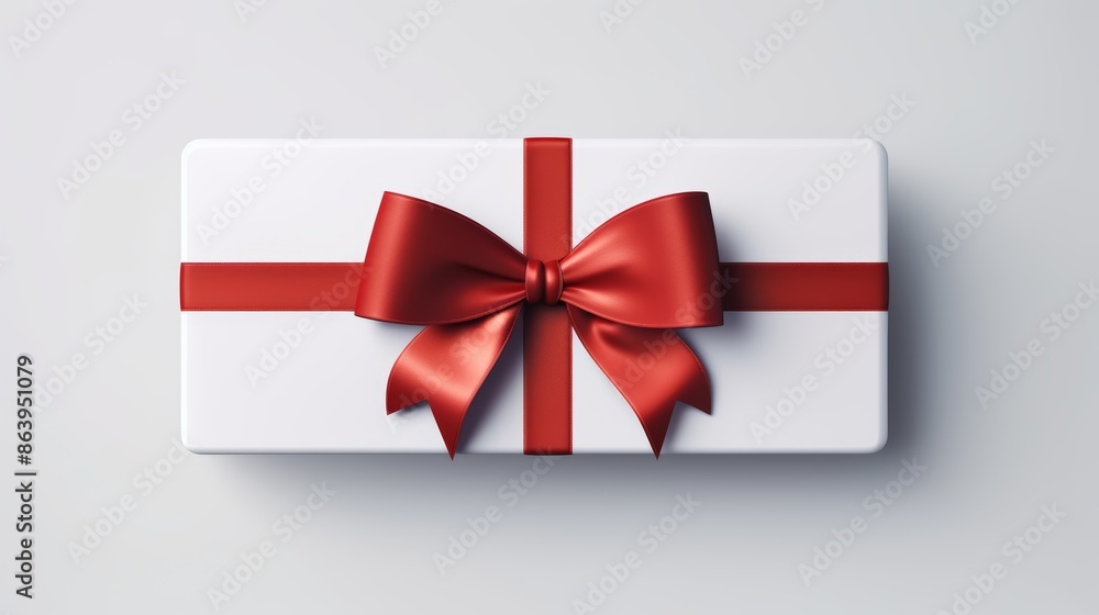 White gift voucher with red ribbon bow on grey background minimalistic conceptual design White gift voucher with red ribbon bow on grey background minimalistic conceptual design