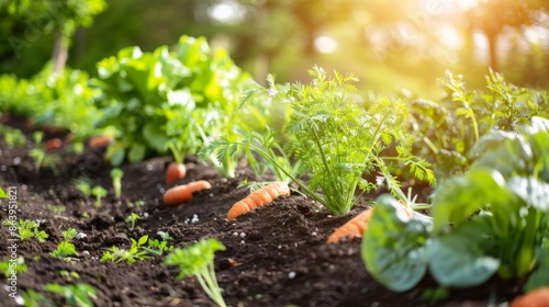 An organic vegetable garden in full bloom, with rows of carrots, lettuce, and tomatoes growing under the sun. A true symbol of nature's bounty.