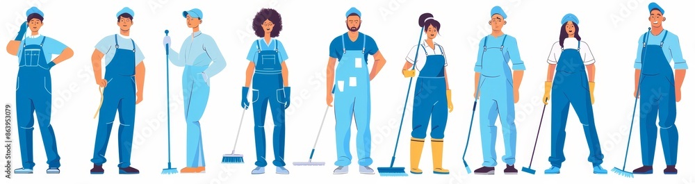 Staff characters in a cleaning company. Professional cleaning services. Staff characters in a cleaning company. Professional cleaning services.