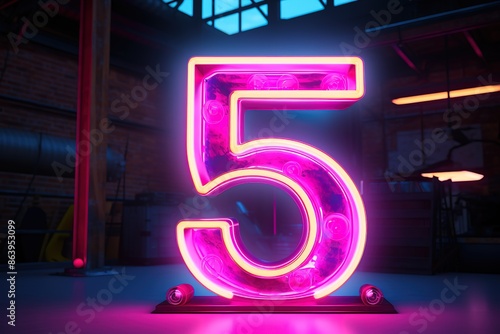 Abstract sports Light out technology and with number 5 glowing in the dark, pink blue neon light Hitech communication concept innovation background
