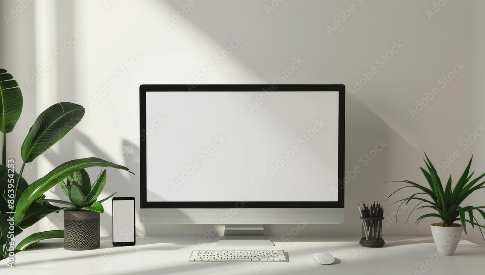 Display mockup on a work desk next to copy space. Clean, light composition. Screen isolated for page presentation. Display mockup on a work desk next to copy space. Clean, light composition. Screen isolated for page presentation.
