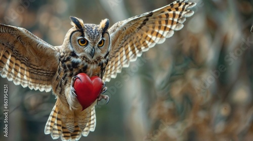  An owl holds a heart in its talons, symbolizing love and protection. The owl is flying in a blurred background, suggesting a sense of freedom and independence.