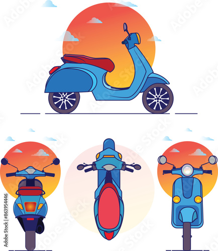 set of scooters in different views on white background illustration, front, side, upper