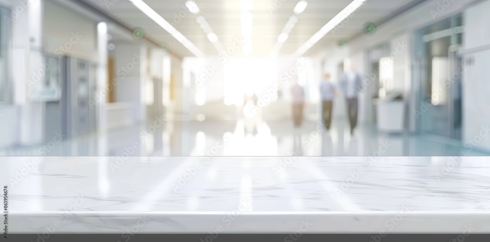 In a 3D illustration, there is an empty space behind the reception table and a blurred hospital corridor with people walking in motion. In the same 3D illustration, there is a blurred building In a 3D illustration, there is an empty space behind the reception table and a blurred hospital corridor with people walking in motion. In the same 3D illustration, there is a blurred building