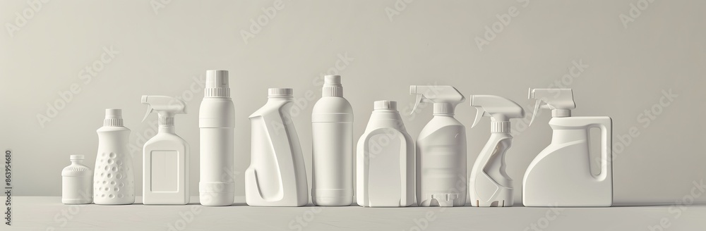 A white background is displayed on a set of detergent plastic bottles with chemical cleaning products. A white background is displayed on a set of detergent plastic bottles with chemical cleaning products.
