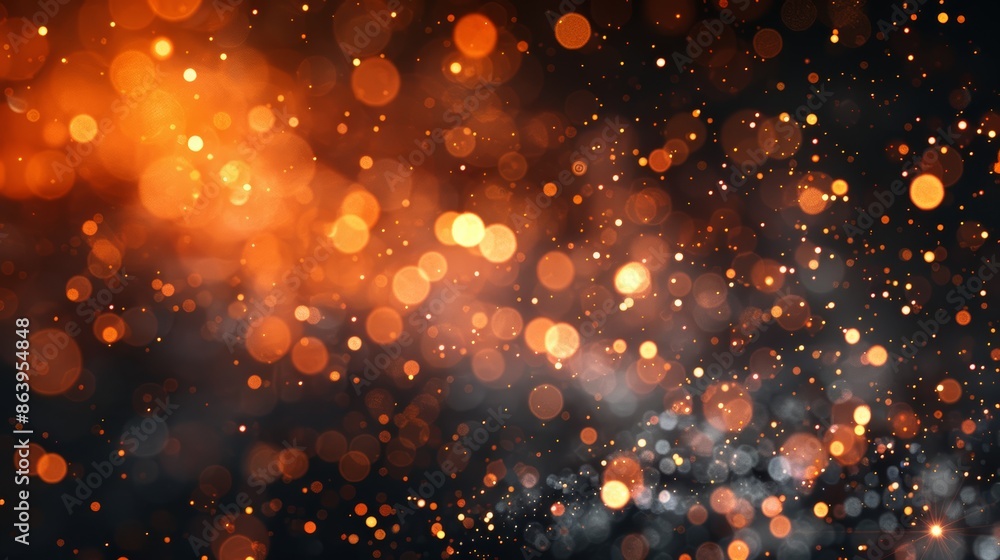 Fototapeta premium Abstract background with glowing orange and yellow bokeh lights on a dark background. Perfect for festive or celebratory designs.