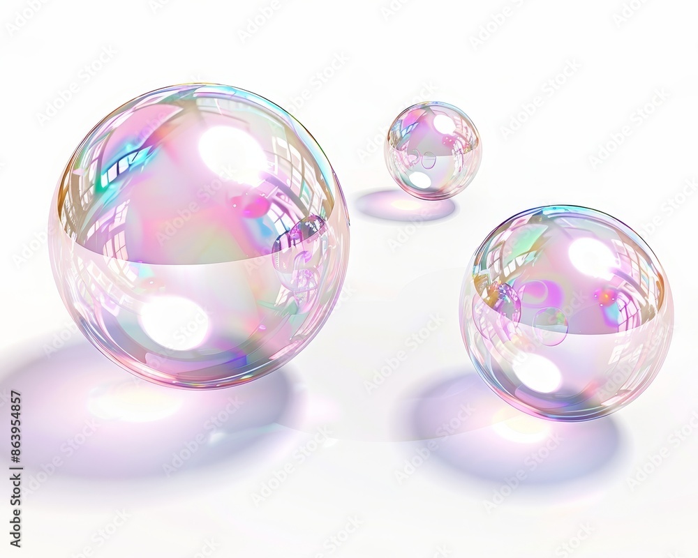Three-dimensional soap bubble floating on a white background. Water bubbles with rainbow colors. Reality-like iridescent ball. Three-dimensional soap balloon. Three-dimensional soap bubble floating on a white background. Water bubbles with rainbow colors. Reality-like iridescent ball. Three-dimensional soap balloon.