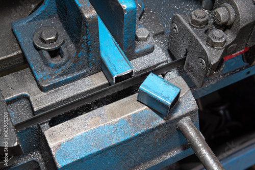 Metal cutting Horizontal Band Saw, finished cut through square tube. Metal saw.