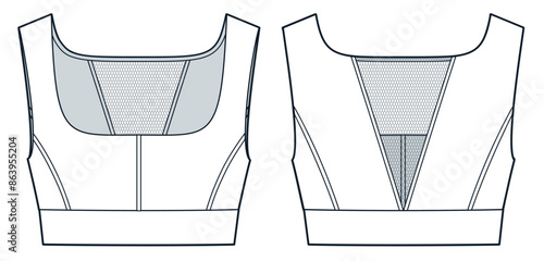 Crop Top technical fashion illustration. Sport Bra fashion flat technical drawing template, mesh, slim fit, front and back view, white, women Top CAD mockup.
