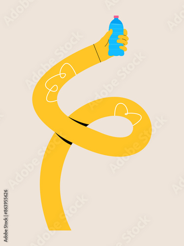 Funny long hand holding a bottle  water. Colorful vector illustration