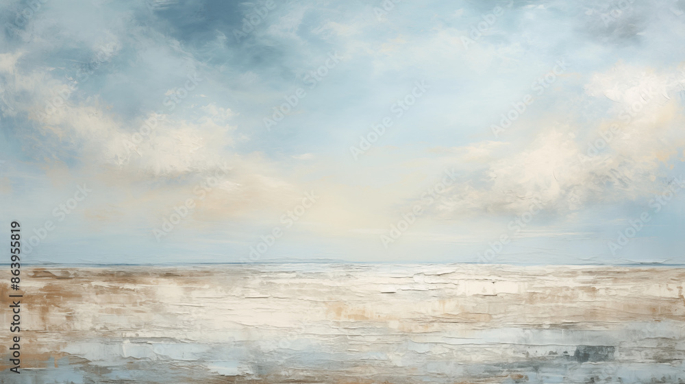 Peinture légèrement abstraite représentant une plage, avec le sable, la mer et un ciel bleu nuageux. Traits de pinceaux, tableau, art. Pour conception et création graphique. Peinture légèrement abstraite représentant une plage, avec le sable, la mer et un ciel bleu nuageux. Traits de pinceaux, tableau, art. Pour conception et création graphique.