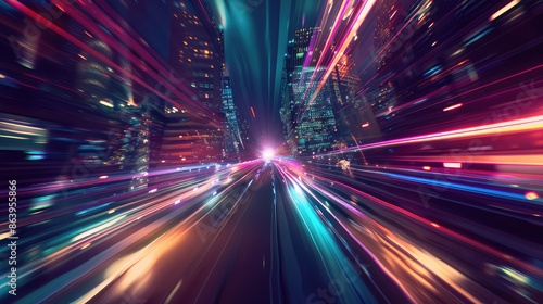 abstract motion blur of car on the road with cityscape background,Neon lights on city streets, futuristic technology transformation, Cinematic, purple neon lighting,Lines of light see through