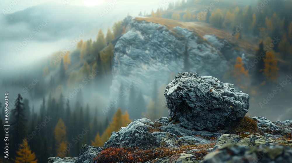 Misty mountain landscape with autumn trees and rocky cliffs. Misty mountain landscape with autumn trees and rocky cliffs.