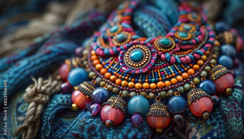 Bohemian necklace with intricate patterns, vibrant colors, eclectic style, detailed illustration