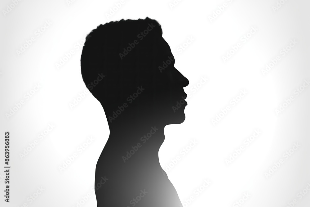 A silhouette on white background, isolated. Forward facing. Half face. Shadow figure. Side-drawn. Dark sideways silhouette of a man. Male shadow-figure. In profile A silhouette on white background, isolated. Forward facing. Half face. Shadow figure. Side-drawn. Dark sideways silhouette of a man. Male shadow-figure. In profile