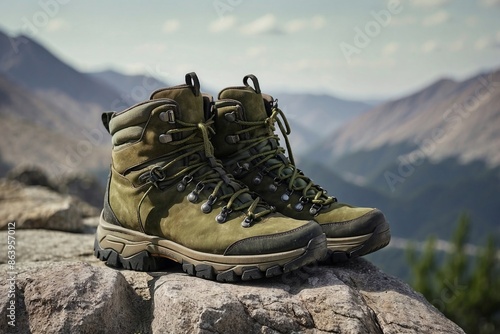 Hiking Boots: Olive green hiking boots on a smooth, light gray rock-like background. © AungMyintMyat