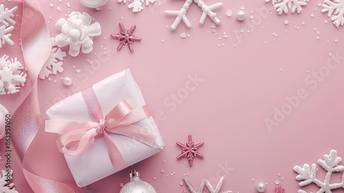 Winter themed Christmas composition with white decorations gift box tied with a ribbon snowflakes on a soft pink backdrop Holiday season vibes with top down display and space for text