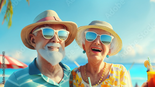 Smiling senior couple enjoying a tropical vacation.  They are wearing sunglasses and hats, and holding drinks.  A beach scene with palm trees and umbrellas is behind them. © Quality Photos