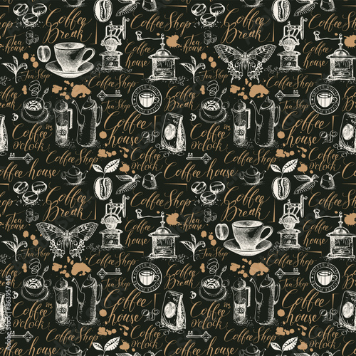 Vector seamless pattern on tea and coffee theme with sketches, blots and unreadable inscriptions in retro style. Suitable for Wallpaper, wrapping paper, background, fabric or textile