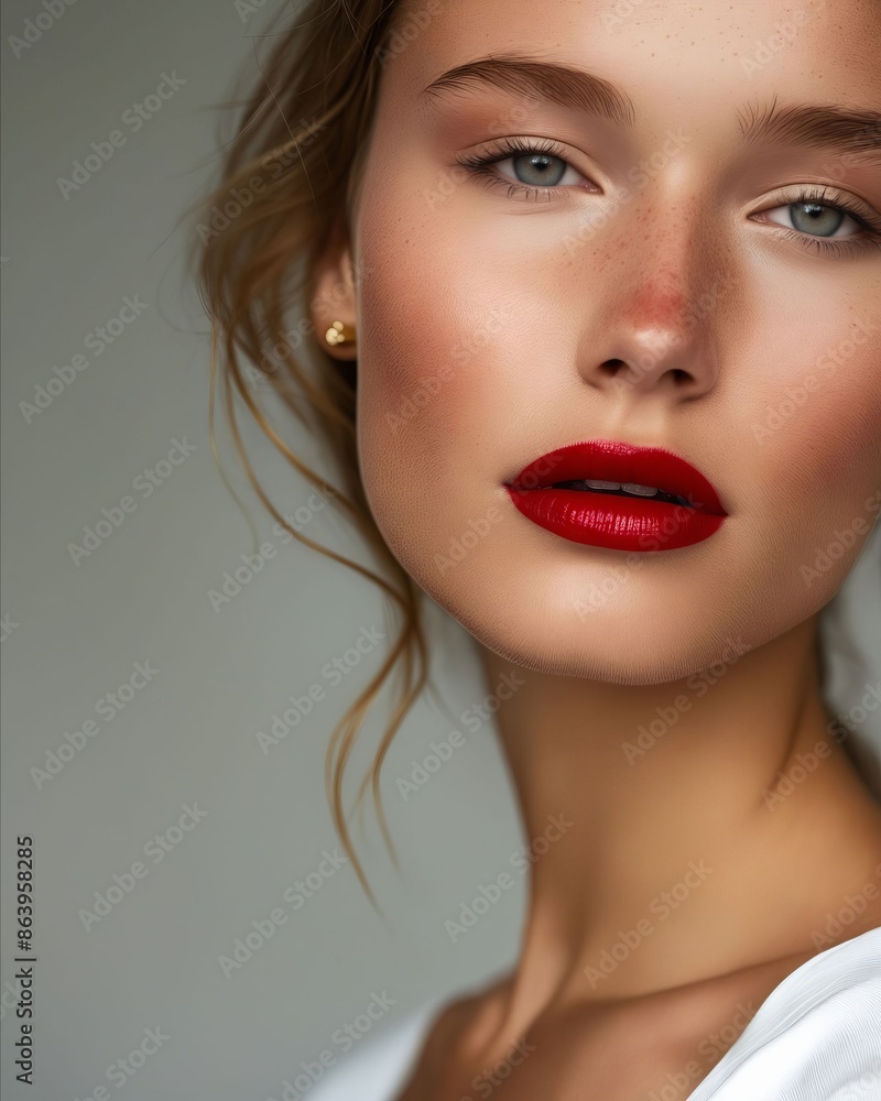 A beautiful woman with red lipstick and blue eyes. A beautiful woman with red lipstick and blue eyes.