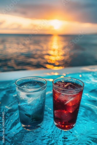 Two glasses of red and blue drinks, with ice cubes in them, next to the swimming pool by the sea at sunset