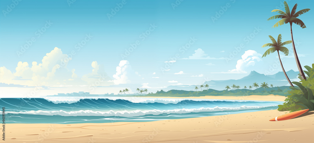 Obraz premium Illustration d'un paysage d'une plage paradisiaque. Sable fin, eau turquoise et ciel bleu. Palmier et planche de surf. Vacances, été, soleil, voyage. Pour conception et création graphique. 