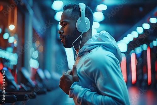 A man running in the gym with headphones. © VISUAL BACKGROUND
