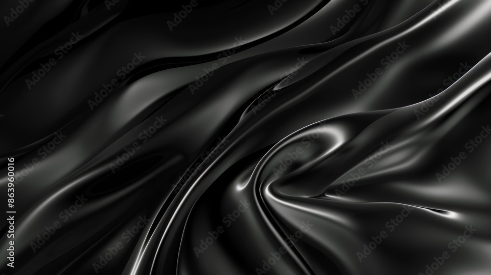 Abstract background featuring smooth, black fluid waves with a glossy, reflective surface. Highlights curves and light reflections, creating a sleek, sophisticated look Abstract background featuring smooth, black fluid waves with a glossy, reflective surface. Highlights curves and light reflections, creating a sleek, sophisticated look