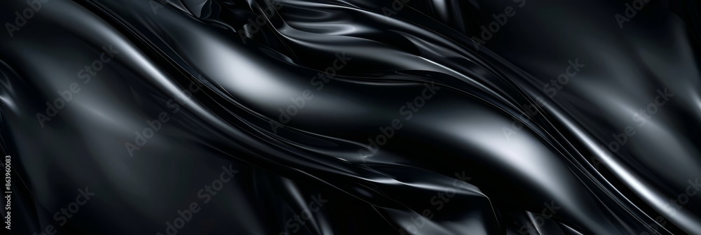 Fototapeta premium Abstract background featuring smooth, black satin waves with a glossy, reflective texture. Highlights dynamic curves and subtle light reflections, creating a luxurious, modern look