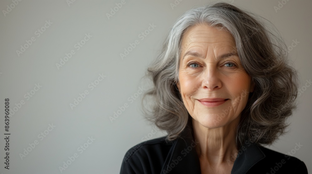 Portrait of a smiling elderly woman with gray hair and blue eyes, wearing a black top. She stands against a neutral background, exuding warmth and contentment Portrait of a smiling elderly woman with gray hair and blue eyes, wearing a black top. She stands against a neutral background, exuding warmth and contentment