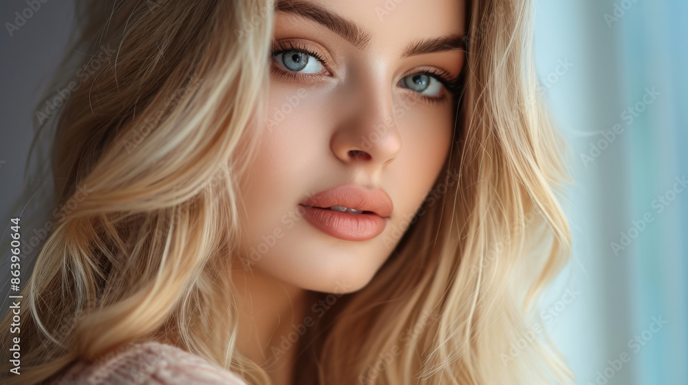 Close-up portrait of a beautiful blonde woman with blue eyes, wearing soft makeup. Her flawless complexion and gentle expression create an elegant and serene look Close-up portrait of a beautiful blonde woman with blue eyes, wearing soft makeup. Her flawless complexion and gentle expression create an elegant and serene look