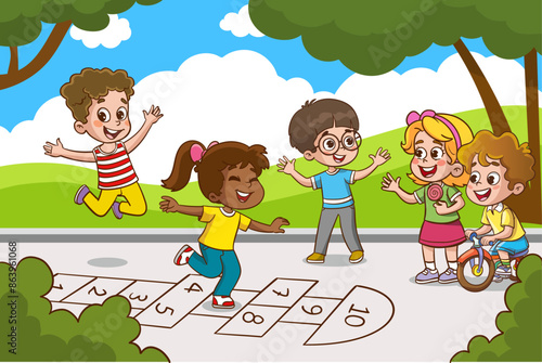 Children of various Ethnic Groups playing hopscotch happily together.