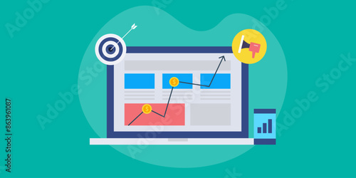 Data driven digital ad targeting display to new customers, maximize return on investment, business technology conceptual vector illustration.