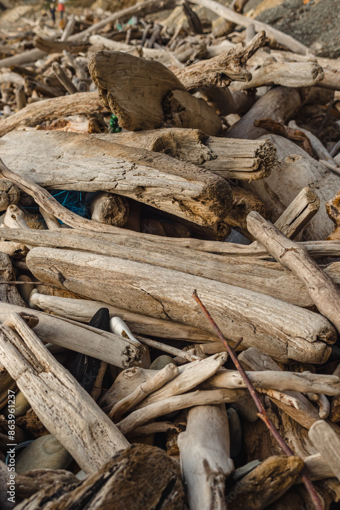 A pile of weathered pieces of driftwood of various sizes and shapes is scattered on the rocky shore. The wood looks aged and weathered, with noticeable cracks and texture. Wood background. A pile of weathered pieces of driftwood of various sizes and shapes is scattered on the rocky shore. The wood looks aged and weathered, with noticeable cracks and texture. Wood background.