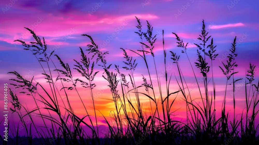 Sunrise with grass silhouettes and purple sky landscape Sunrise with grass silhouettes and purple sky landscape