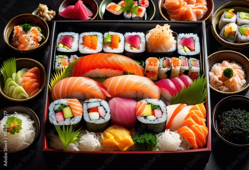 japanese bento box filled fresh sushi delicious side dishes, rice, seaweed, salmon, avocado, cucumber, tempura, vegetables, lunch, meal, healthy japanese bento box filled fresh sushi delicious side dishes, rice, seaweed, salmon, avocado, cucumber, tempura, vegetables, lunch, meal, healthy