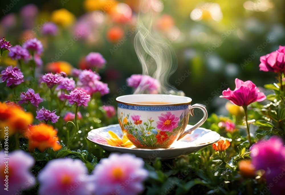 steaming cup amid morning blooms dew fresh floral scene, flowers, hot, beverage, drink, sunlight, petals, aroma, garden, nature, beautiful, colorful, vibrant steaming cup amid morning blooms dew fresh floral scene, flowers, hot, beverage, drink, sunlight, petals, aroma, garden, nature, beautiful, colorful, vibrant