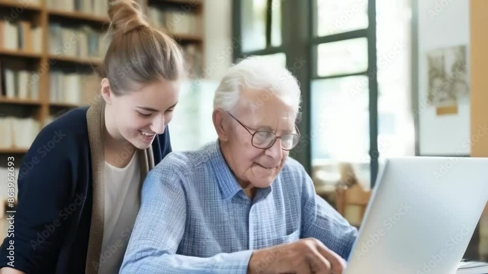 Elderly caucasian man and young woman using a laptop in a cozy, book-filled library. The man, wearing glasses and a blue shirt, is focused on the laptop while the woman, dressed casually, smiles and Elderly caucasian man and young woman using a laptop in a cozy, book-filled library. The man, wearing glasses and a blue shirt, is focused on the laptop while the woman, dressed casually, smiles and