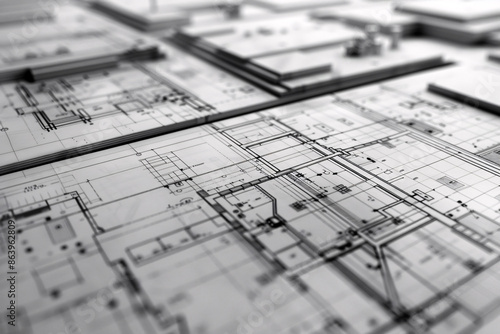 Detailed architectural blueprints with precise lines and measurements in black and white