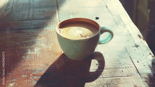 Vintage filtered image of cappuccino coffee on a wooden table photo