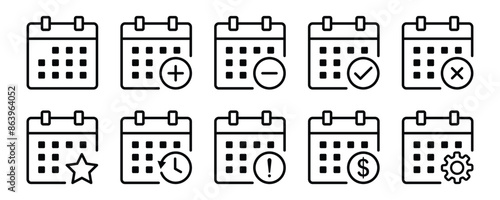 Calendar icon set. business plan schedule icons for app, website, ui, presentation slide. reminder organizer event signs. vector symbol on transparent background.